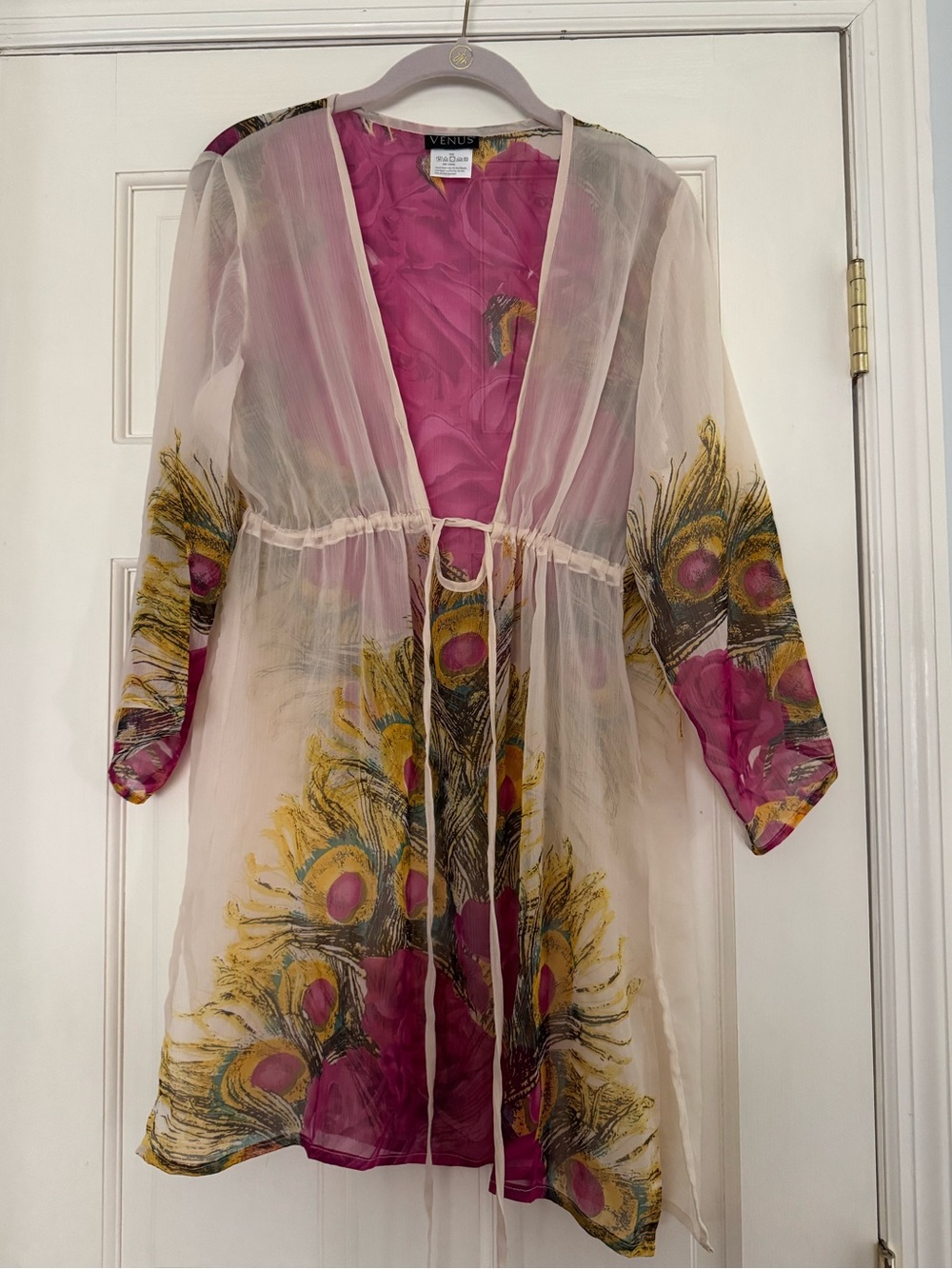 Venus peacock print sheer long sleeve swim coverup